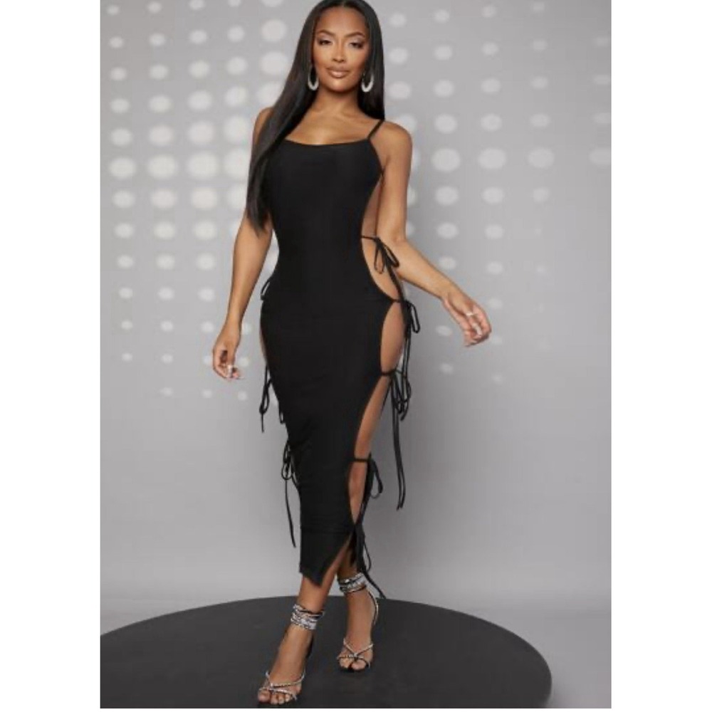 SHEIN Hauture Solid Tie Side Backless Cami Dress Black‎ Size Medium Stretchy NWT